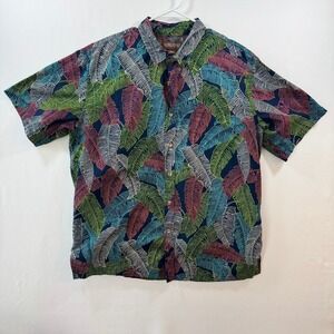 Cooke Street Mens Hawaiian Shirt XL Cotton Tropical Leaf Print Short Sleeve Blue